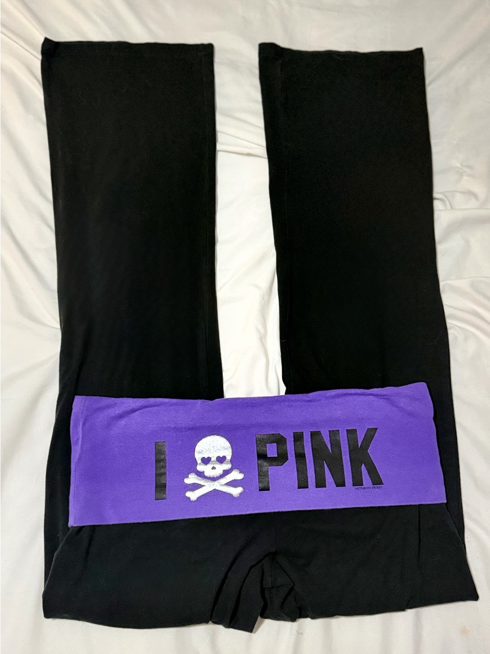 Victorias Secret PINK purple Fold-Over Waist Leggings with 'I ☠️ PINK'